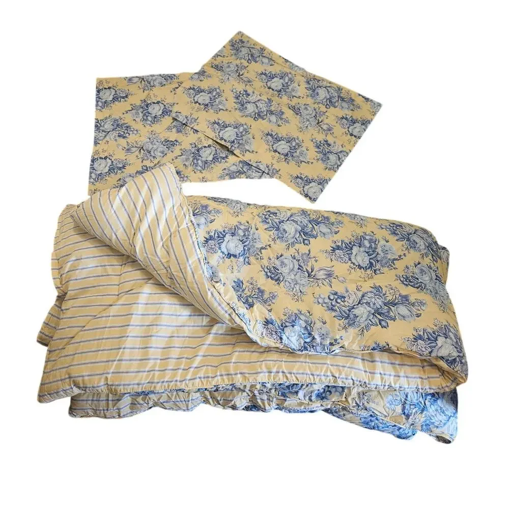 Lauren Ralph Lauren Queen Comforter 2 Pillow Shams Yellow Blue Floral Cotton